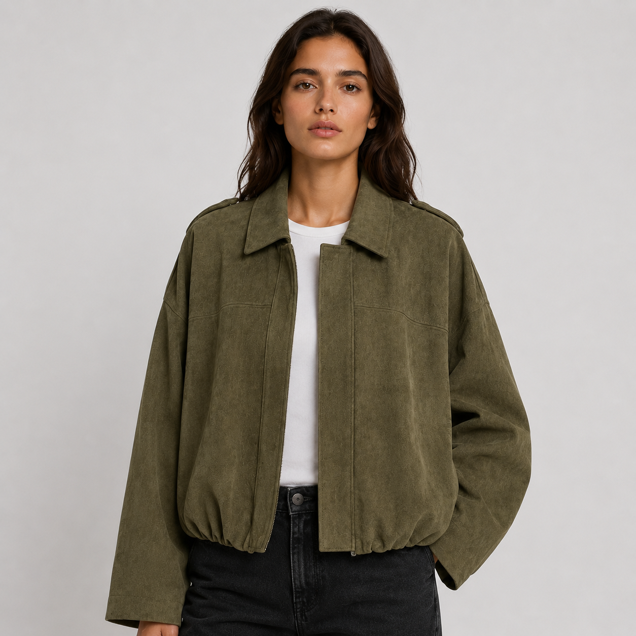 Women's Faux Suede Bomber Jacket with Collar
