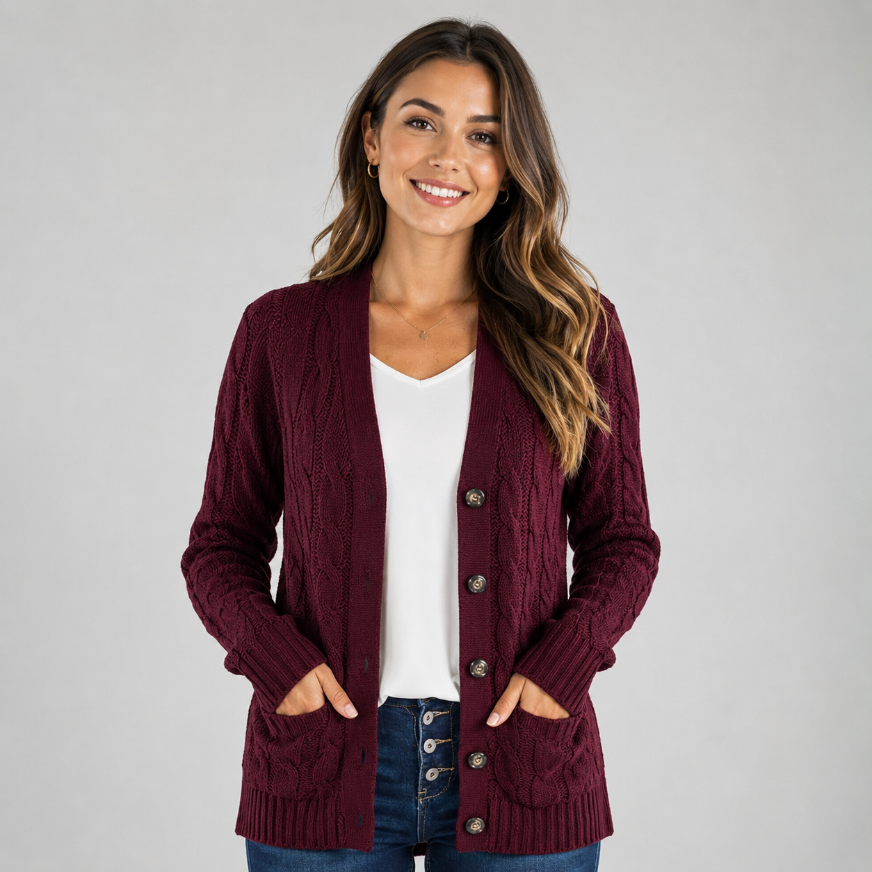 Women's Cable Knit Cardigan with V-Neck and Buttons