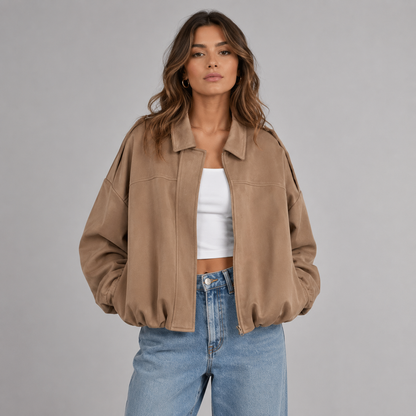 Women's Faux Suede Bomber Jacket with Collar