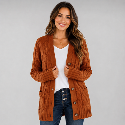 Women's Cable Knit Cardigan with V-Neck and Buttons