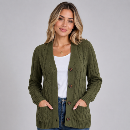 Women's Cable Knit Cardigan with V-Neck and Buttons