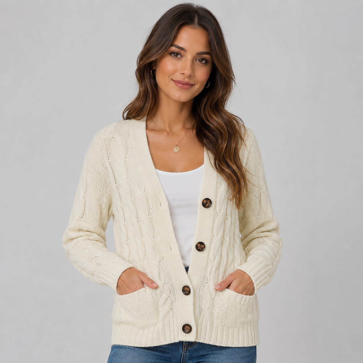 Women's Cable Knit Cardigan with V-Neck and Buttons