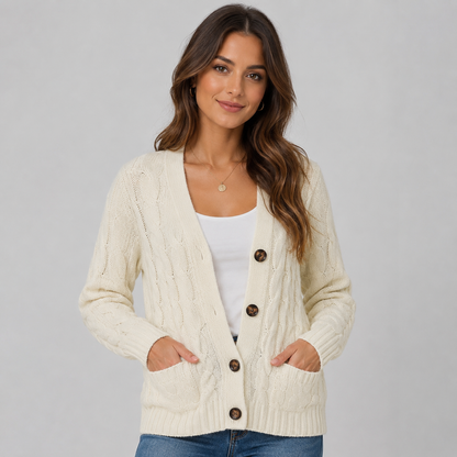 Women's Cable Knit Cardigan with V-Neck and Buttons