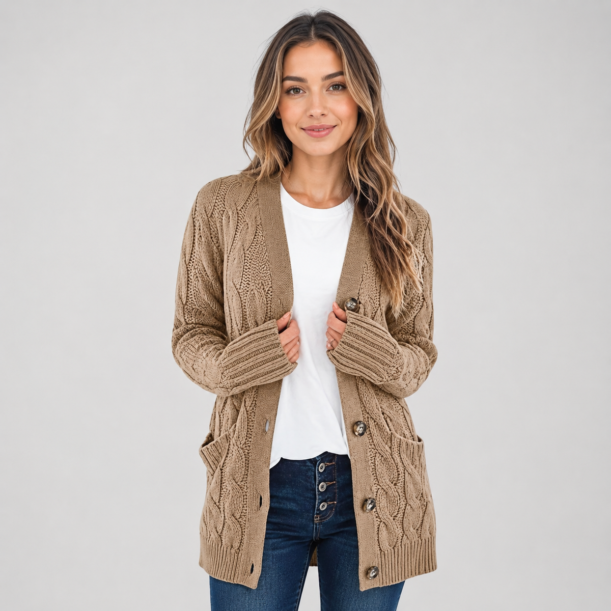 Women's Cable Knit Cardigan with V-Neck and Buttons