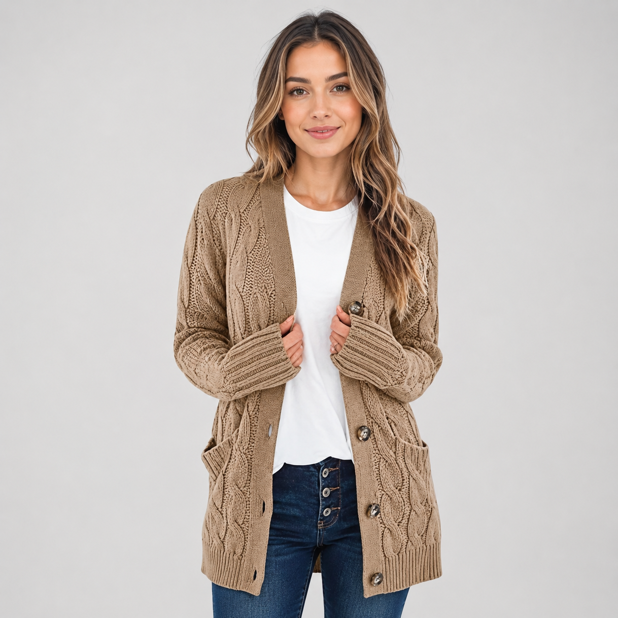 Women's Cable Knit Cardigan with V-Neck and Buttons