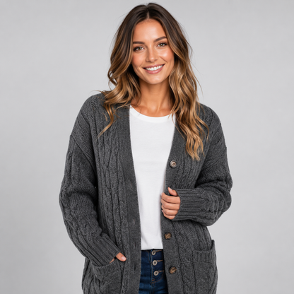 Women's Cable Knit Cardigan with V-Neck and Buttons