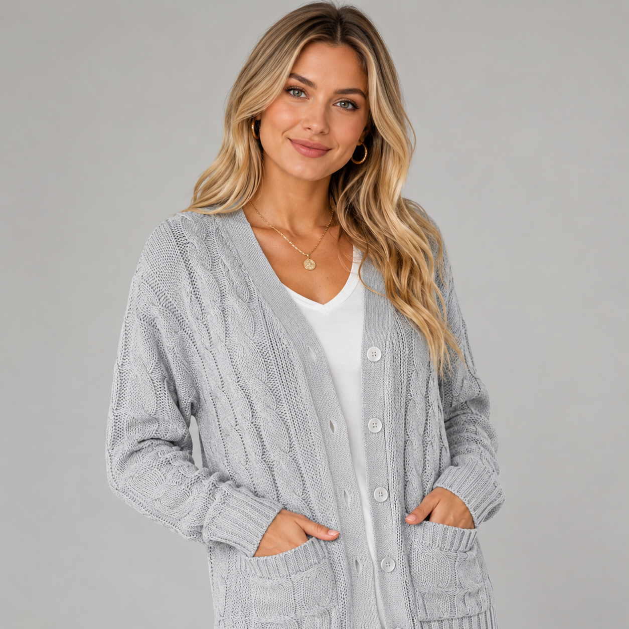 Women's Cable Knit Cardigan with V-Neck and Buttons