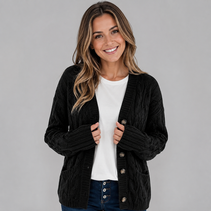 Women's Cable Knit Cardigan with V-Neck and Buttons