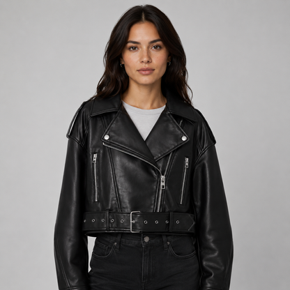 Women's Leather-Look Belted Biker Jacket