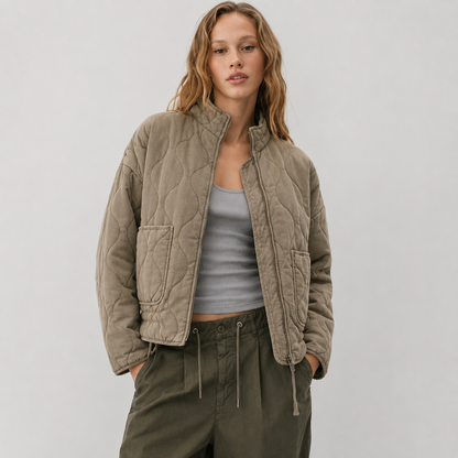 Women's Quilted Jacket with High Collar and Patch Pockets