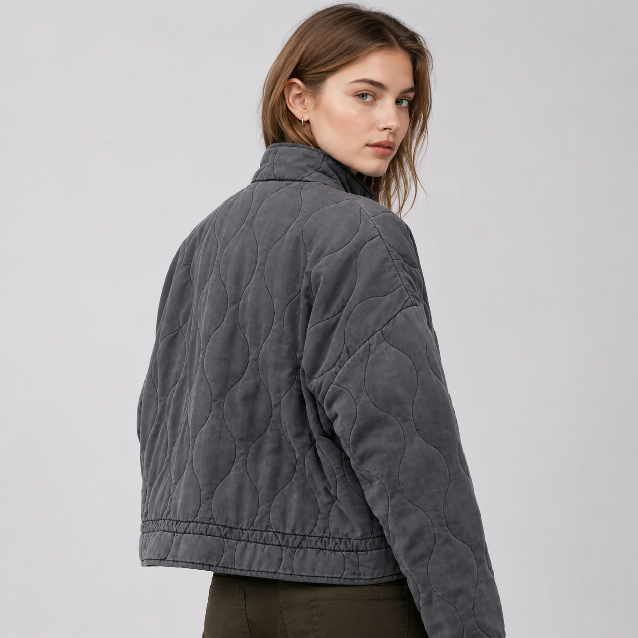 Women's Quilted Jacket with High Collar and Patch Pockets