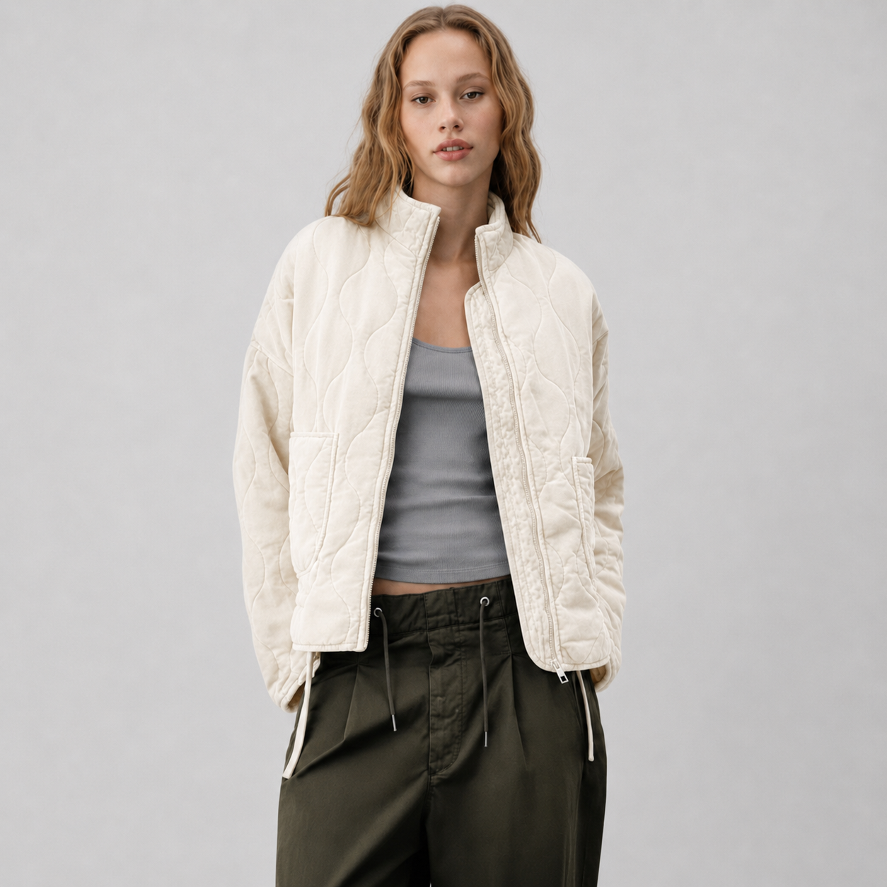 Women's Quilted Jacket with High Collar and Patch Pockets