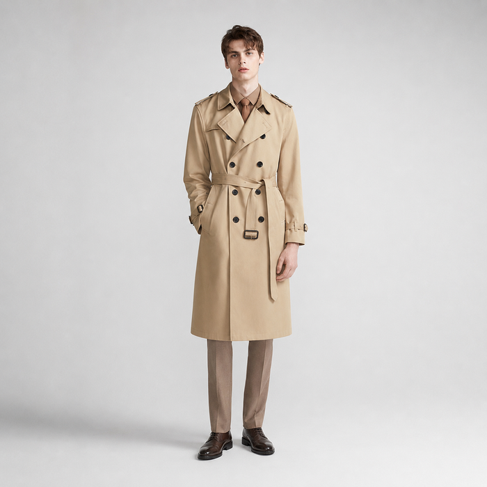 Men's Belted Trench Coat with Double Breasted Front