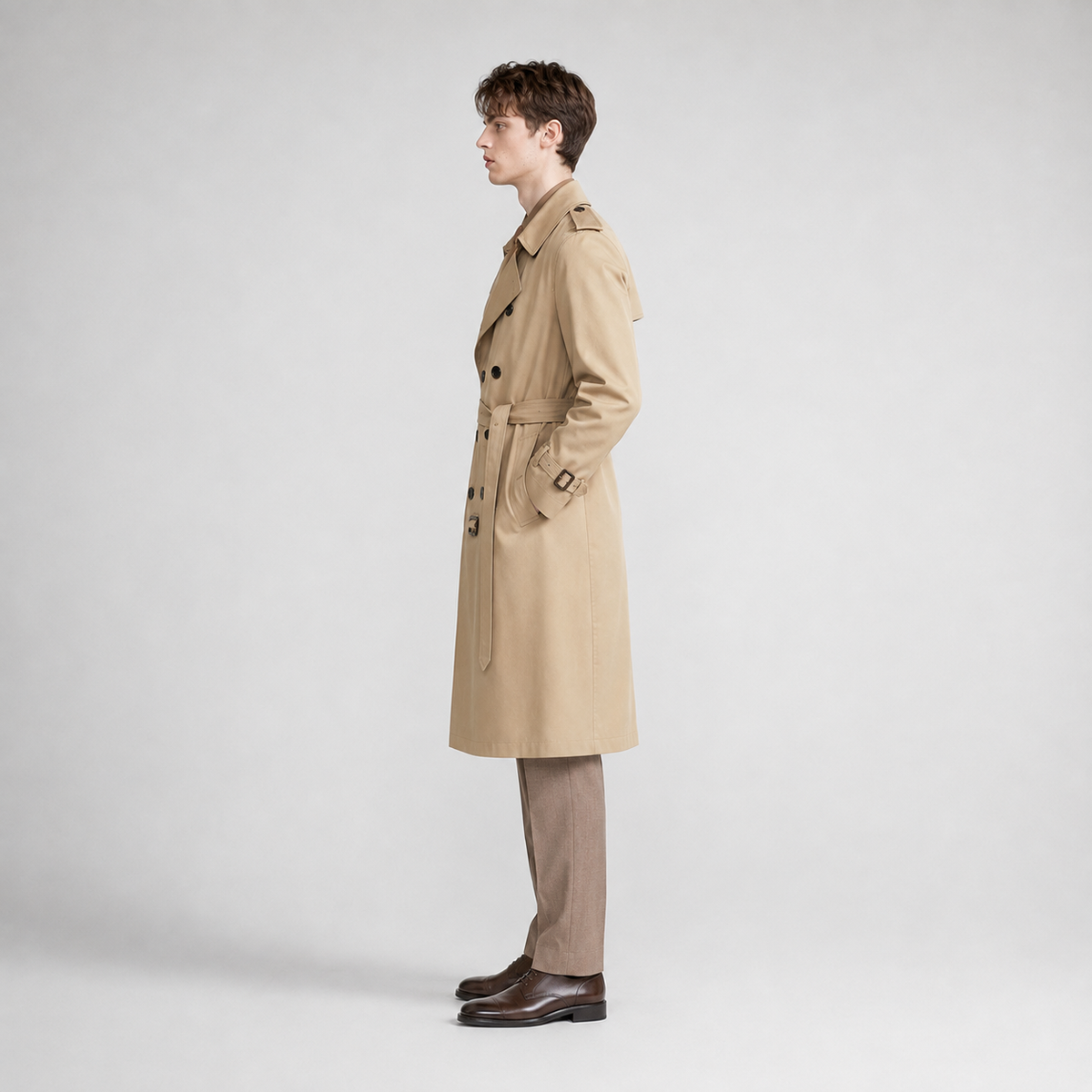 Men's Belted Trench Coat with Double Breasted Front
