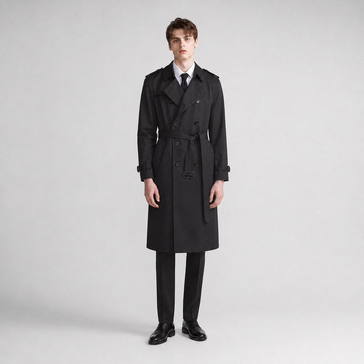 Men's Belted Trench Coat with Double Breasted Front