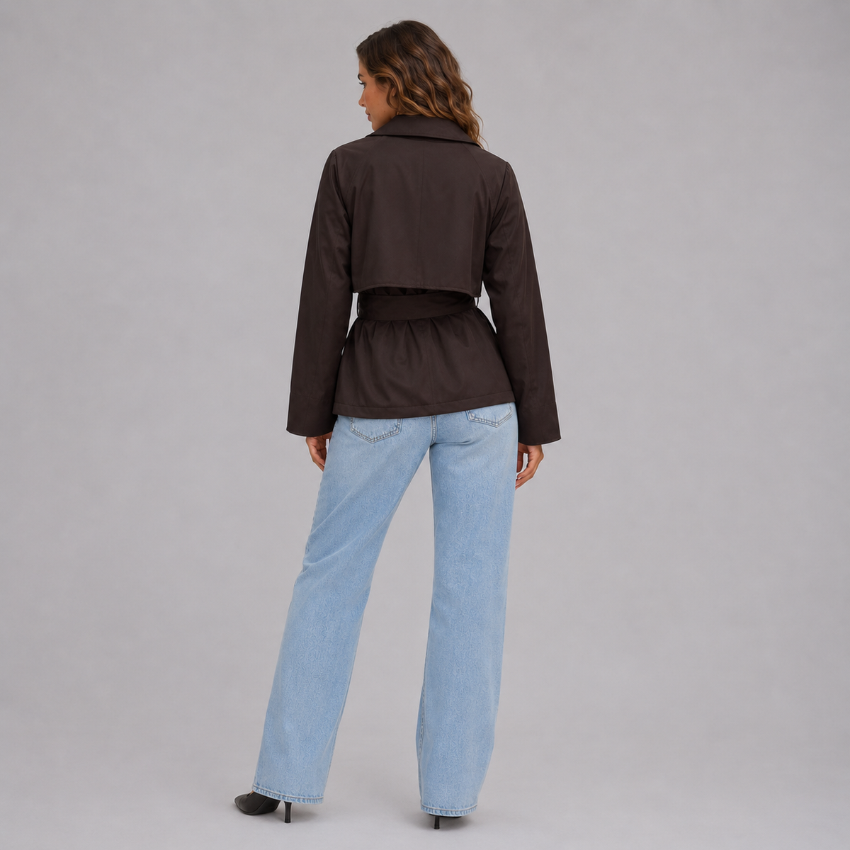 Women's Cropped Trench Coat with Tie Wai
