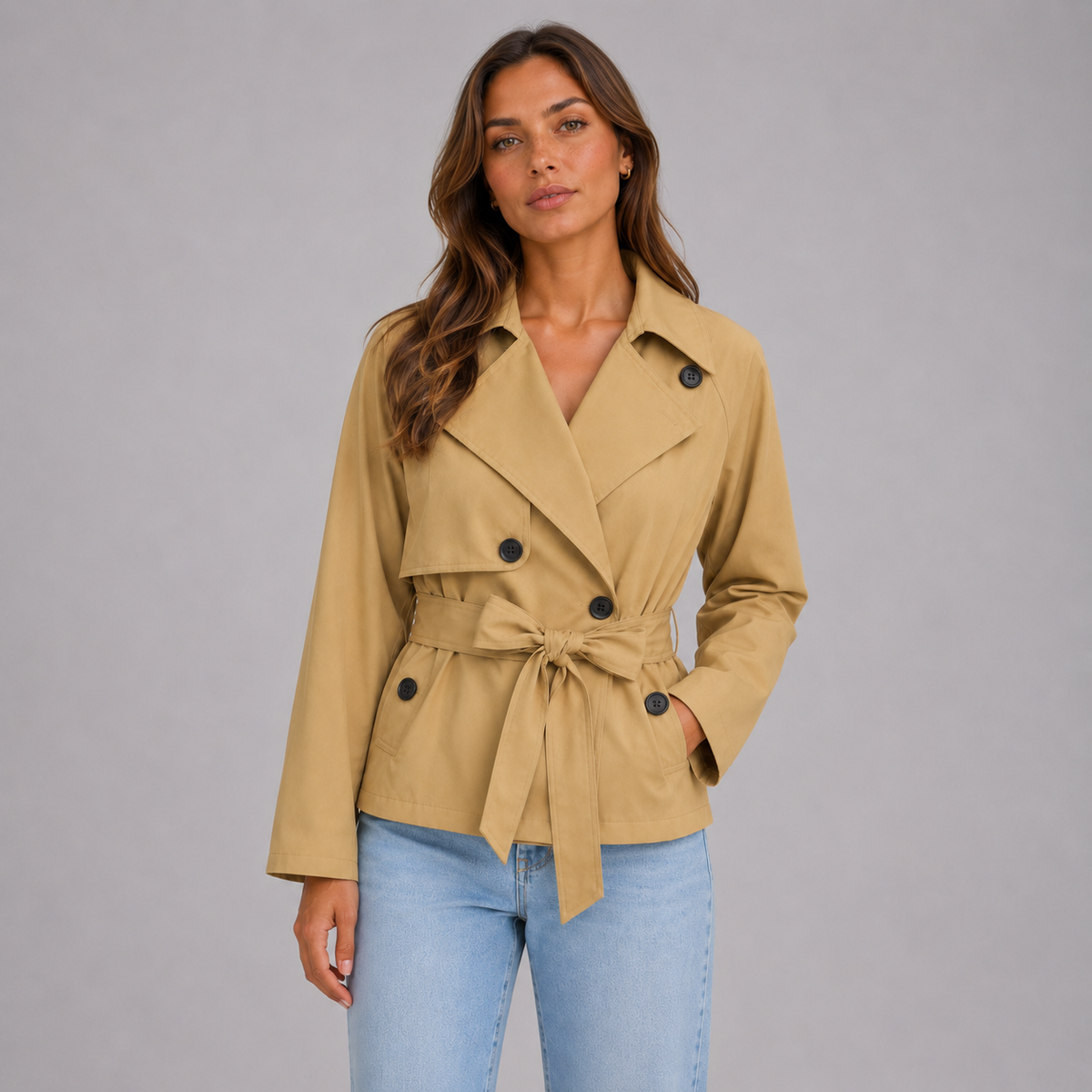 Women's Cropped Trench Coat with Tie Wai