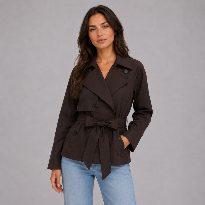 Women's Cropped Trench Coat with Tie Wai