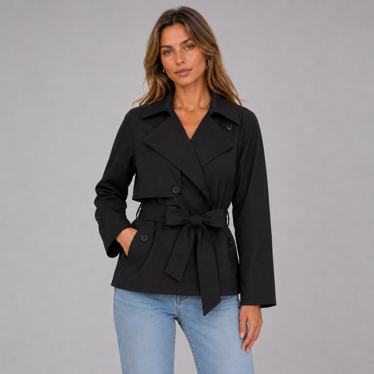 Women's Cropped Trench Coat with Tie Wai