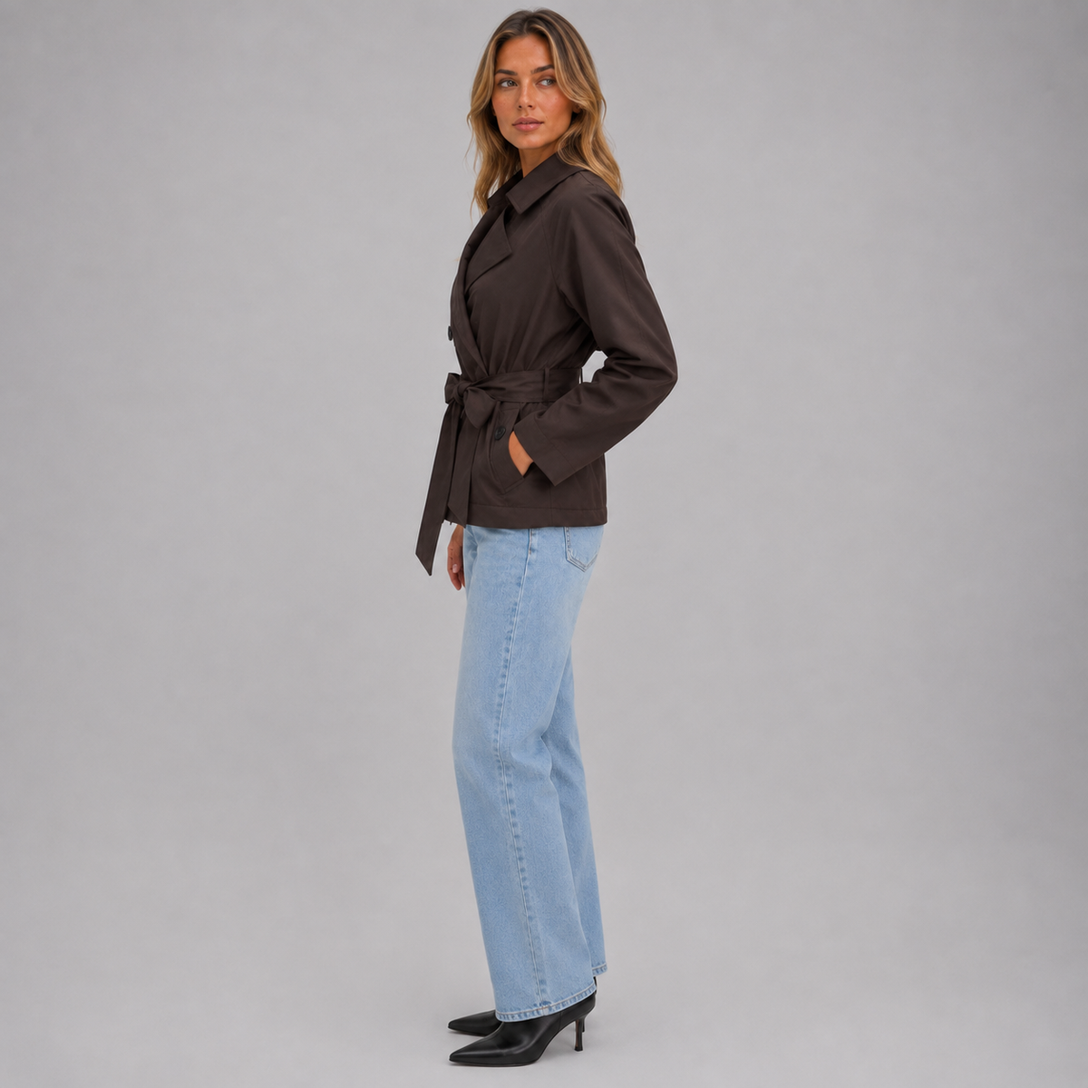 Women's Cropped Trench Coat with Tie Wai