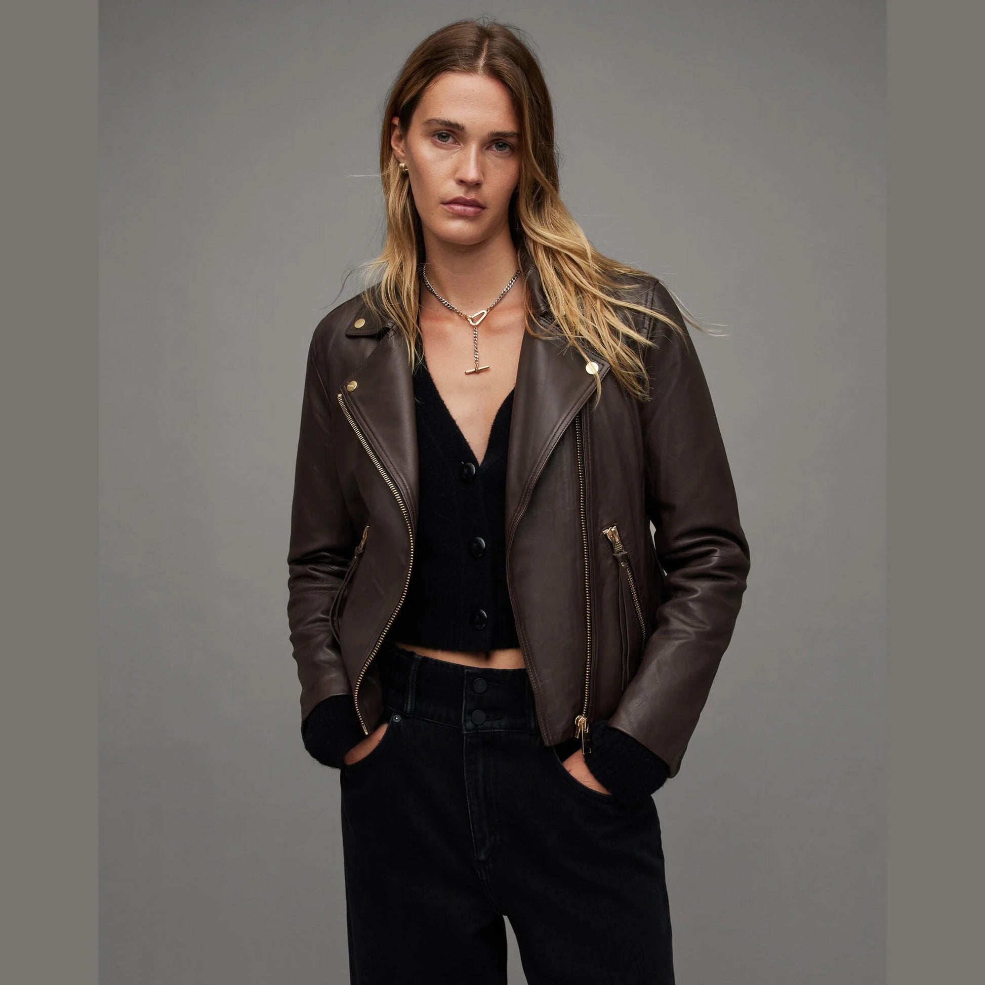 Dark Brown Biker Jacket with Zip Pockets