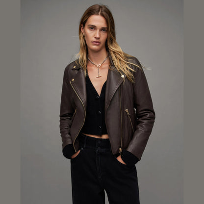 Dark Brown Biker Jacket with Zip Pockets