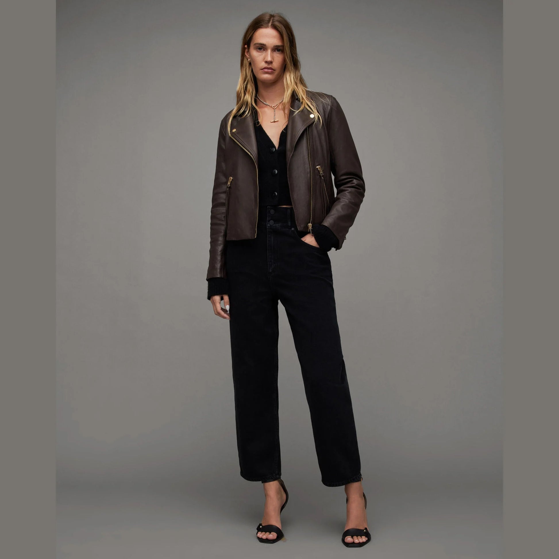 Dark Brown Biker Jacket with Zip Pockets