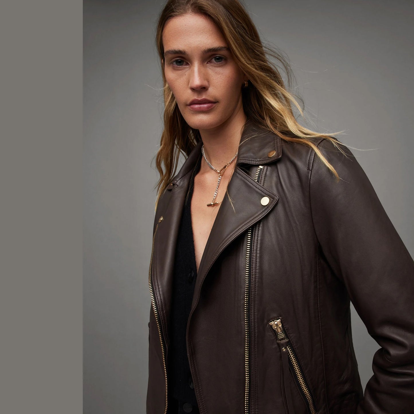 Dark Brown Biker Jacket with Zip Pockets