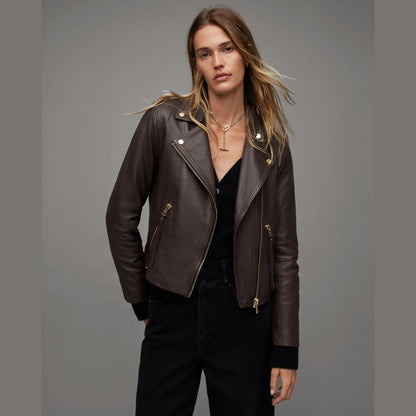 Dark Brown Biker Jacket with Zip Pockets