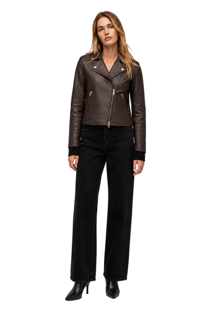 Dark Brown Biker Jacket with Zip Pockets