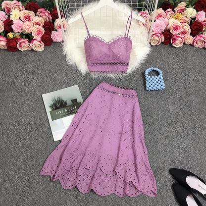 Lavender lace cropped top and midi skirt set with scalloped edges