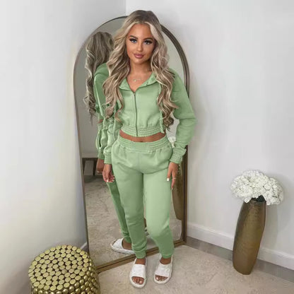 Light green cropped hoodie and jogger set with zip front