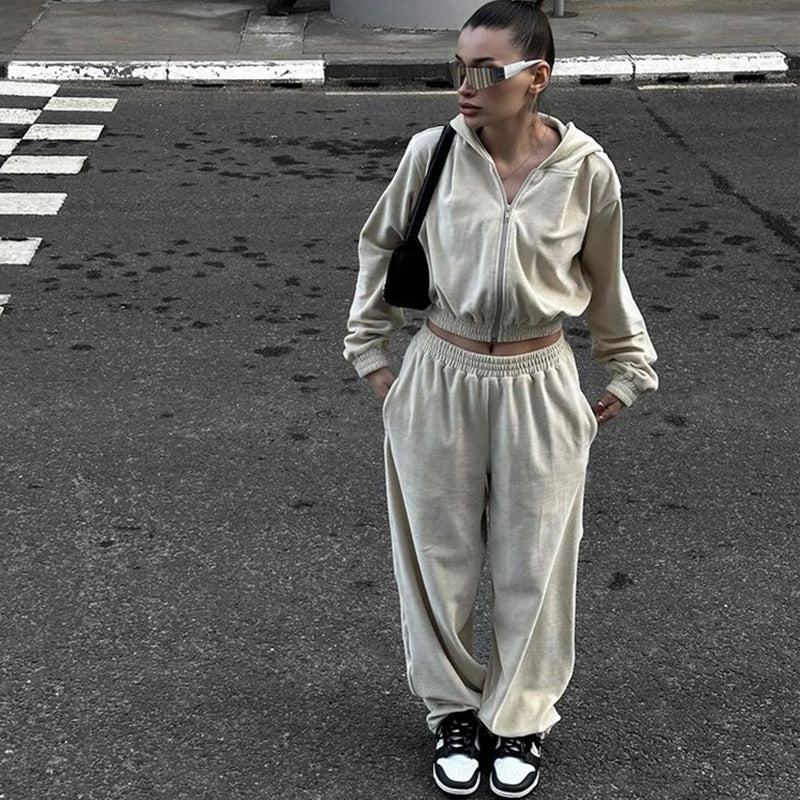 Beige velour tracksuit set with cropped hoodie