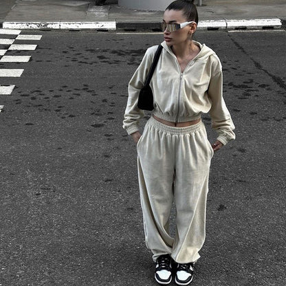 Beige velour tracksuit set with cropped hoodie
