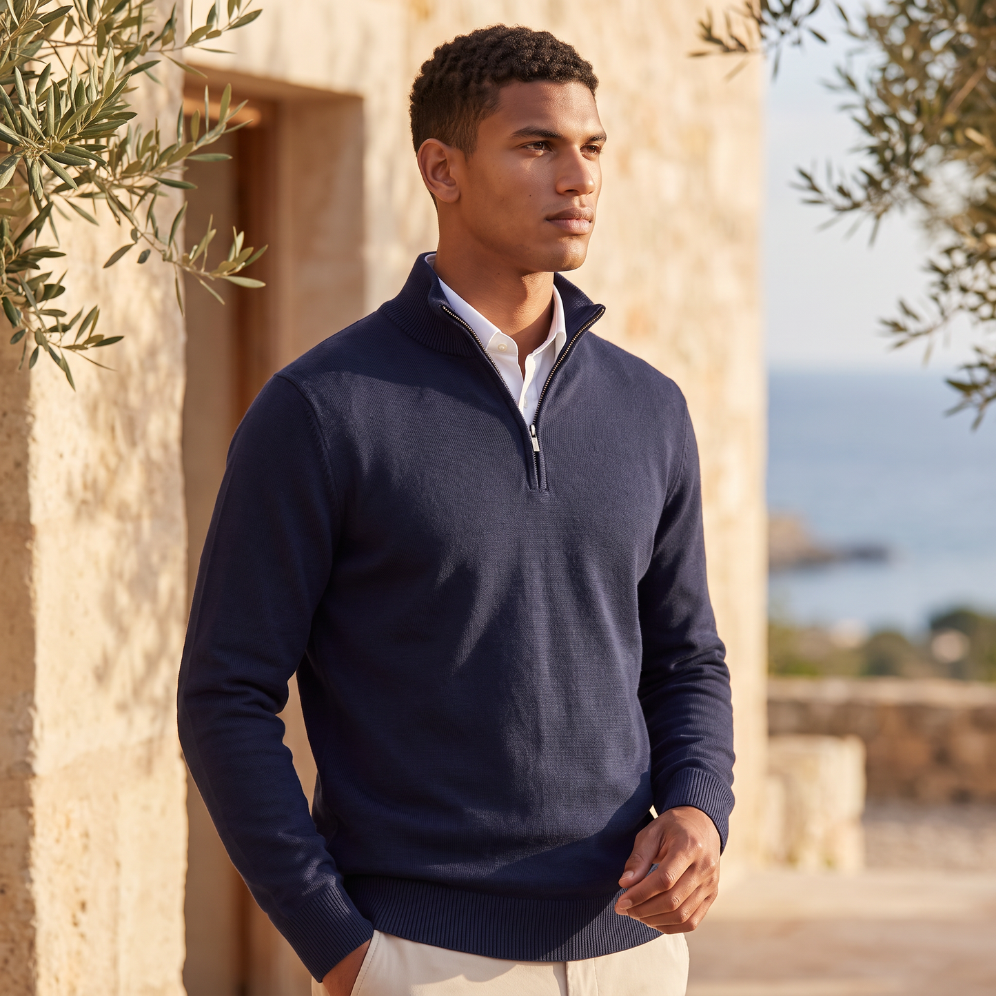 Men's Quarter-Zip Knitted Sweater with Stand Collar