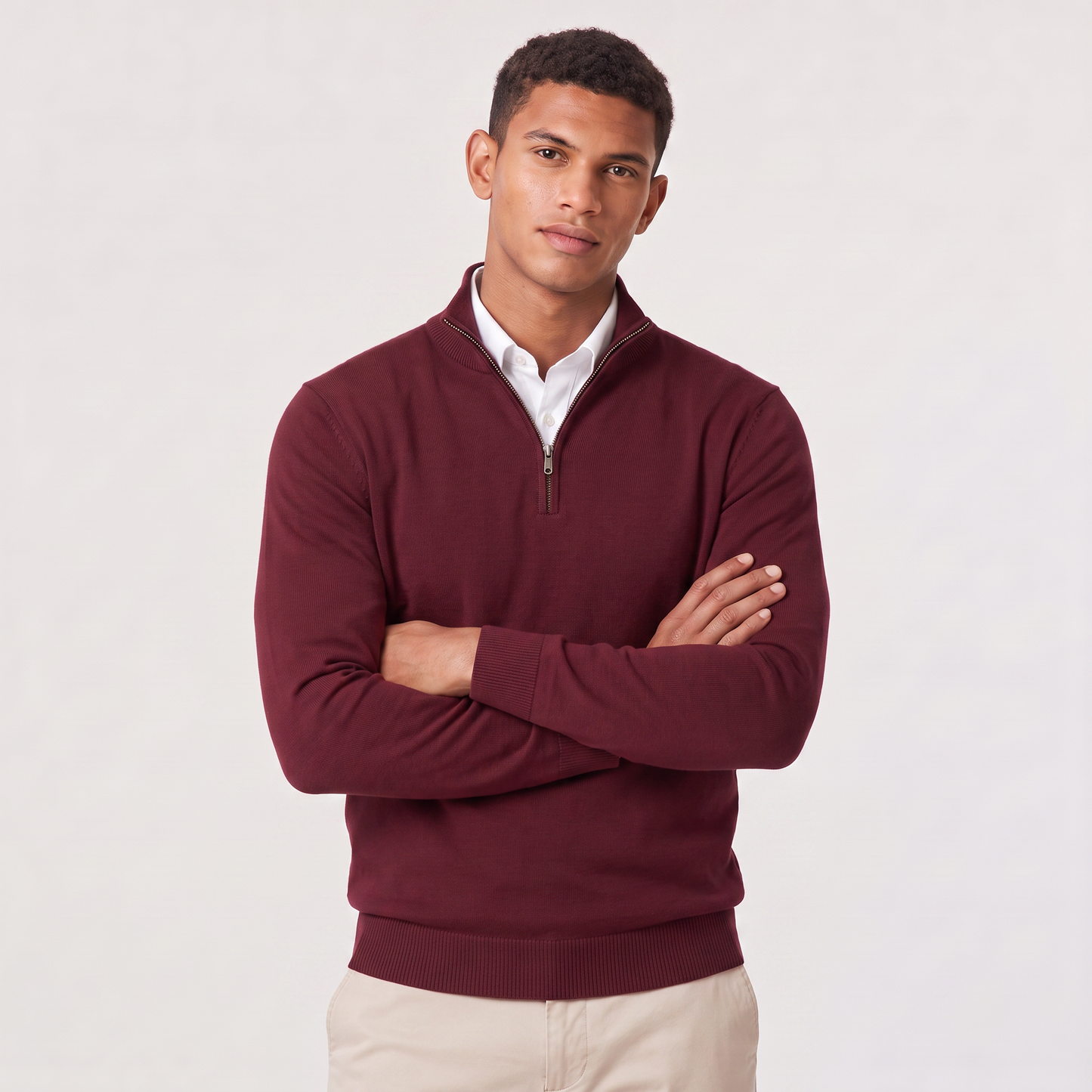 Men's Quarter-Zip Knitted Sweater with Stand Collar