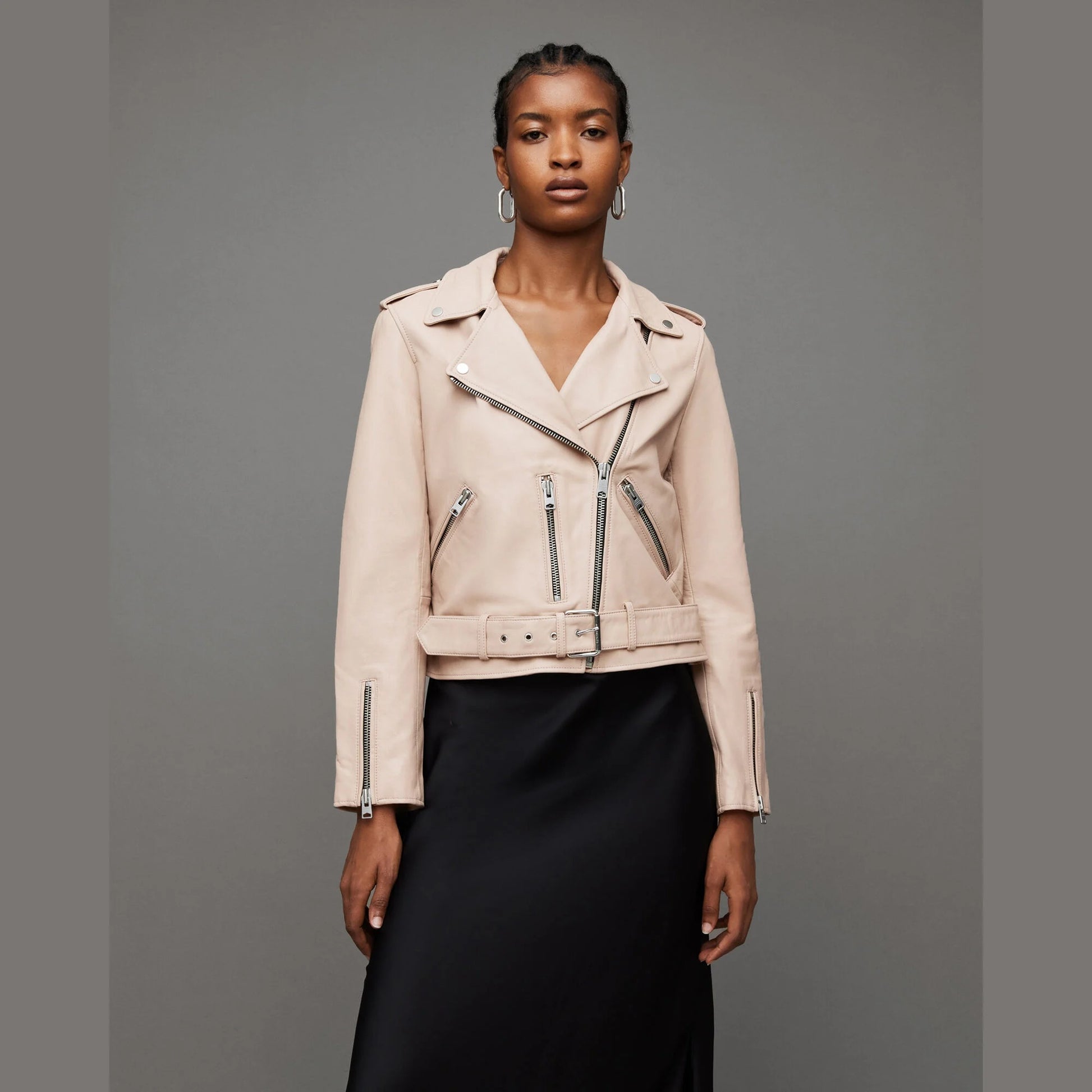 Light Beige Biker Jacket with Belted Hem