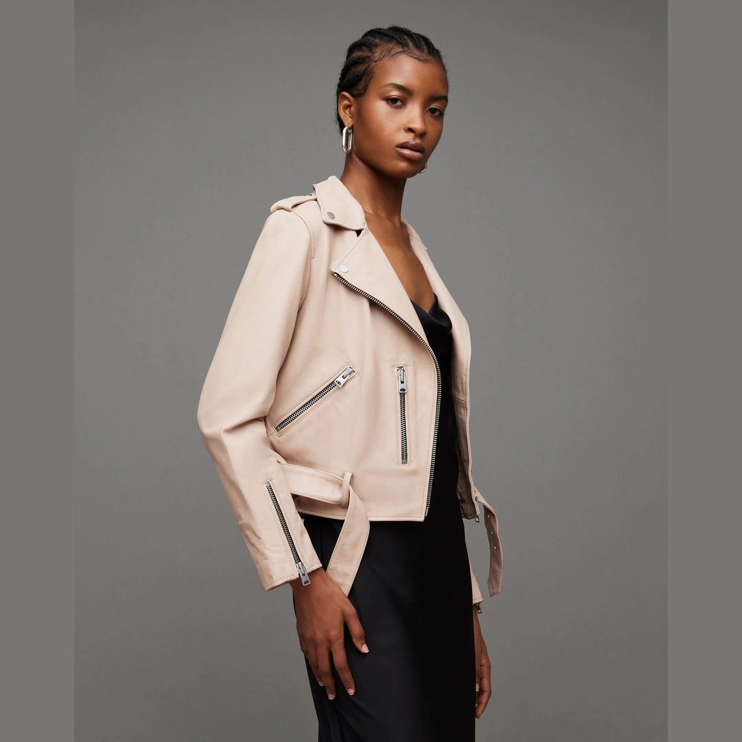 Light Beige Biker Jacket with Belted Hem