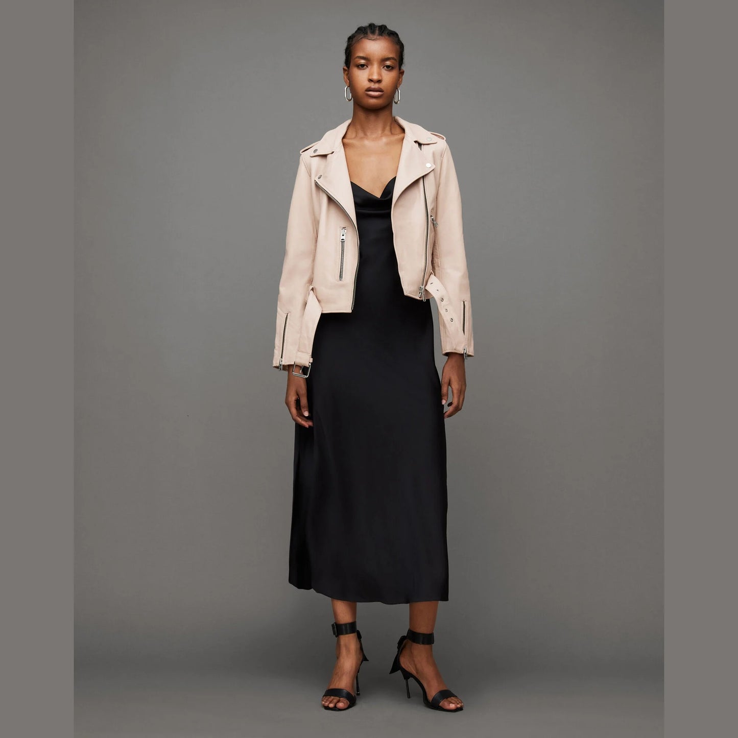 Light Beige Biker Jacket with Belted Hem