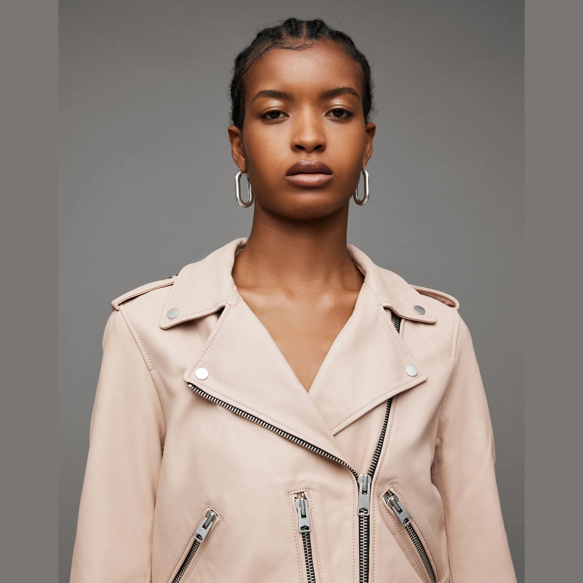 Light Beige Biker Jacket with Belted Hem