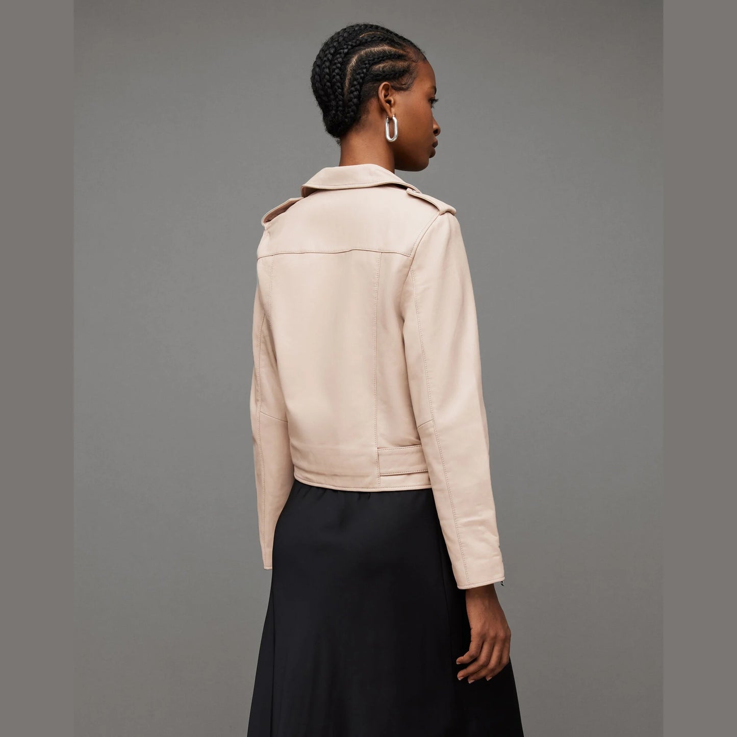 Light Beige Biker Jacket with Belted Hem