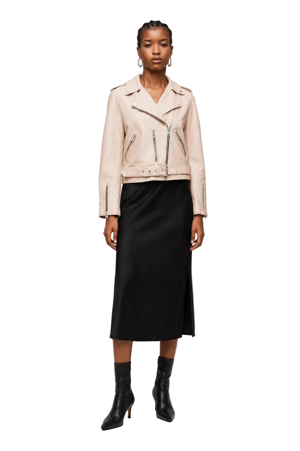 Light Beige Biker Jacket with Belted Hem