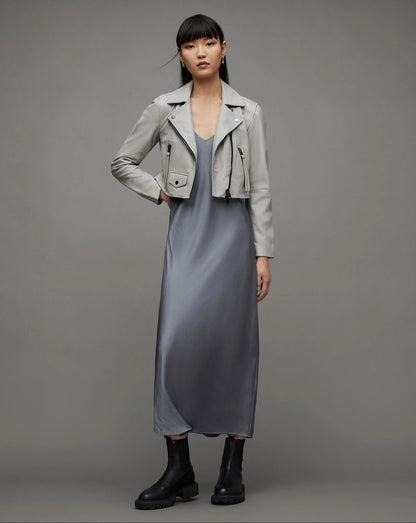 Light Grey Cropped Biker Jacket with Zip Details
