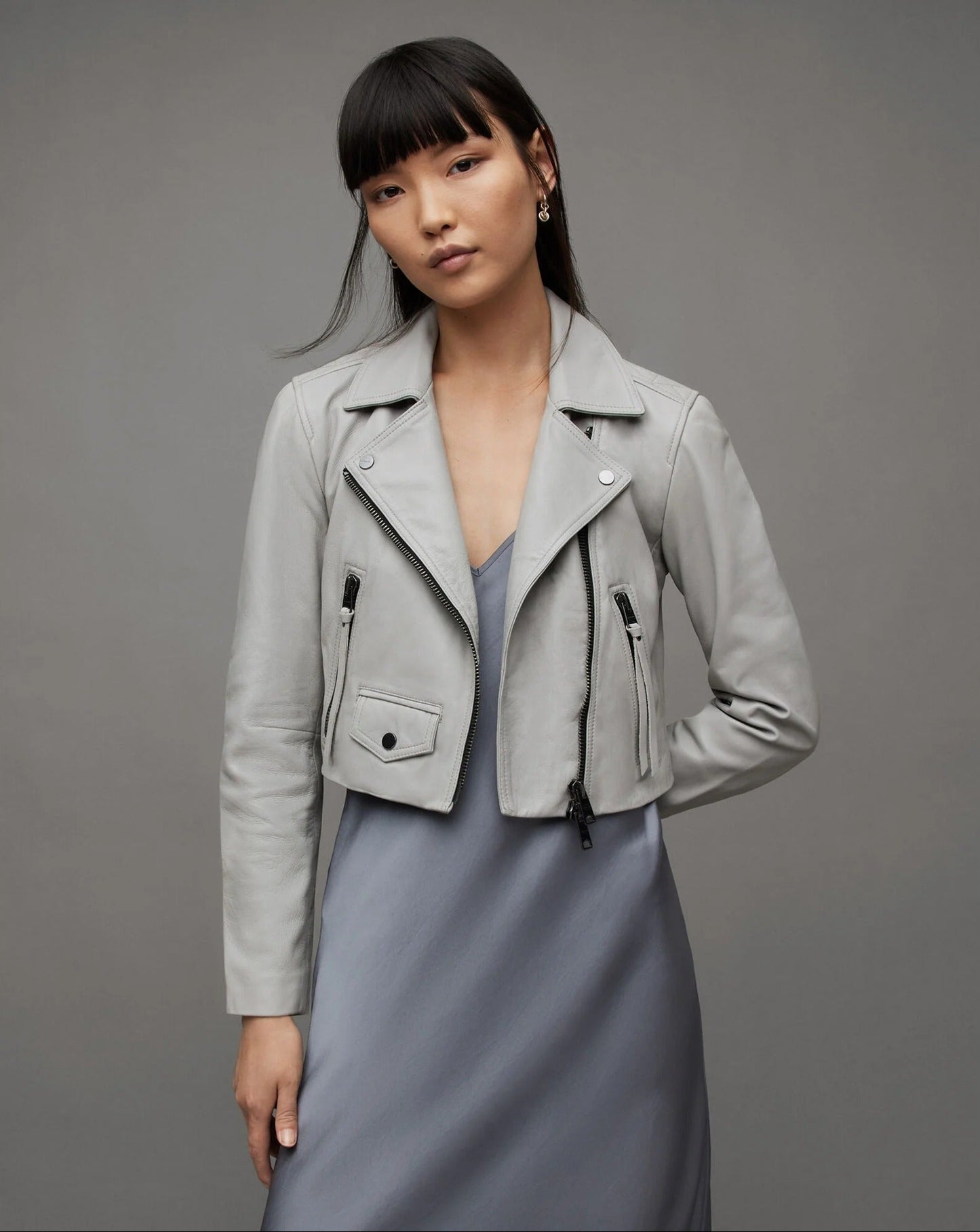 Light Grey Cropped Biker Jacket with Zip Details