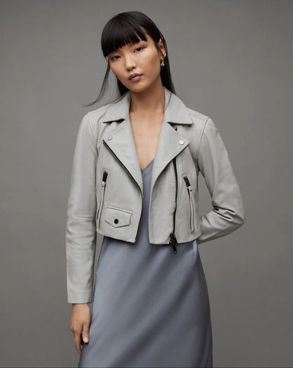 Light Grey Cropped Biker Jacket with Zip Details