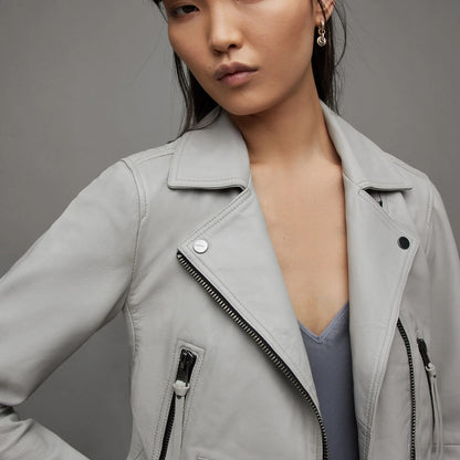 Light Grey Cropped Biker Jacket with Zip Details