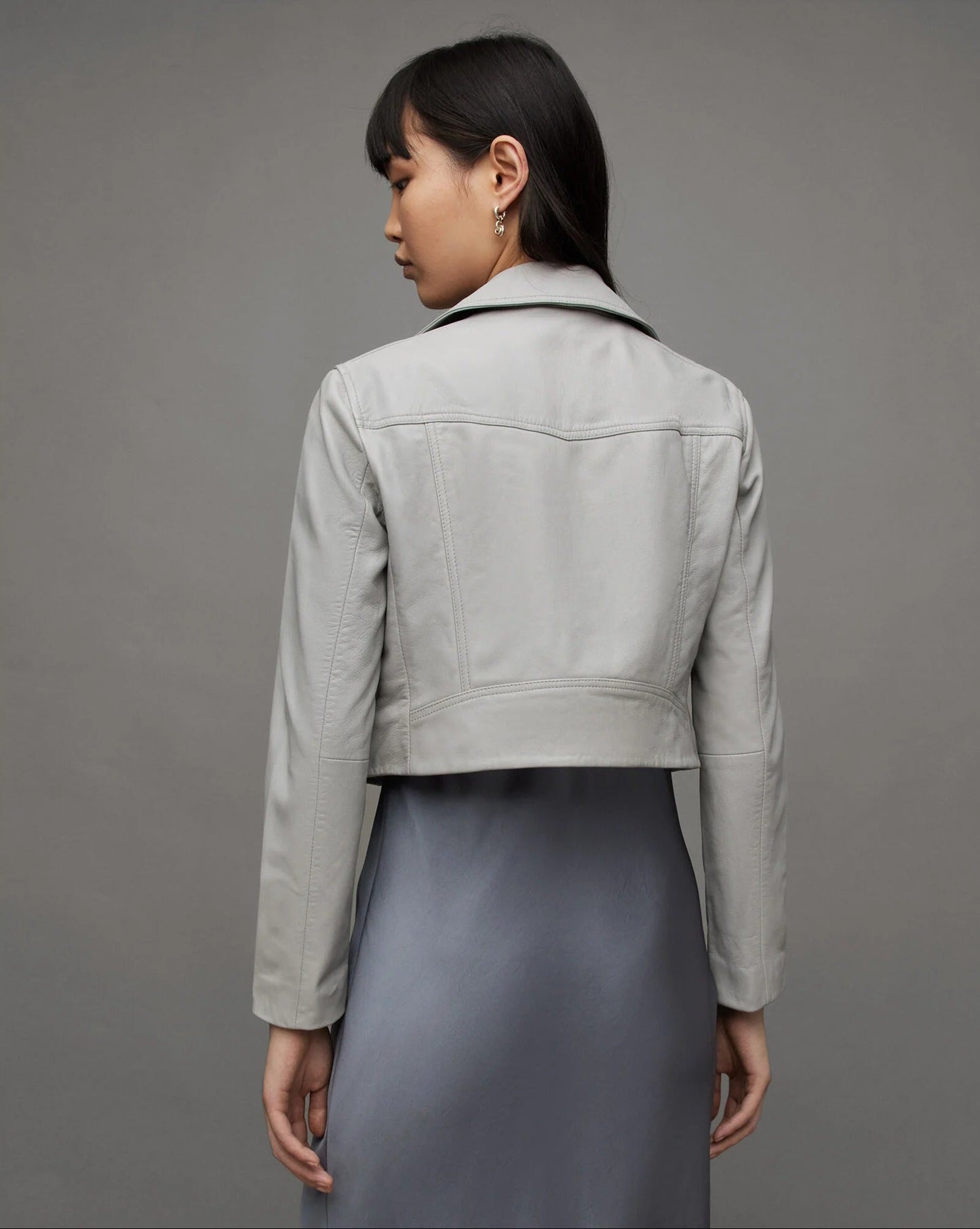 Light Grey Cropped Biker Jacket with Zip Details