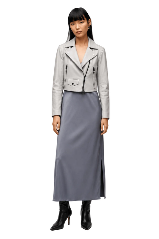 Light Grey Cropped Biker Jacket with Zip Details