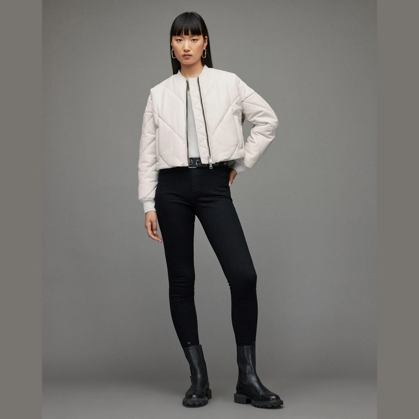 Light Grey Quilted Bomber Jacket