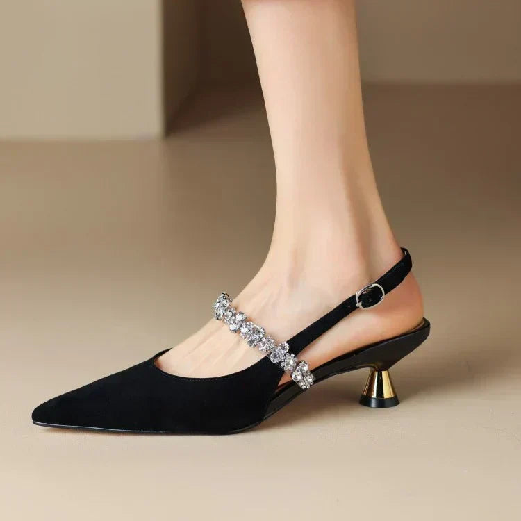 Women's Crystal Strap Pointed Toe Slingback Pumps
